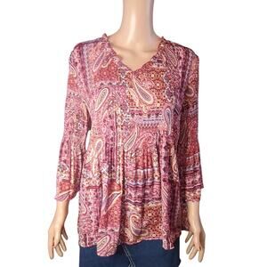 Chloe + Rene Patchwork Paisley Bell Sleeve Shirred Tunic Top L NEW Boho Cottage